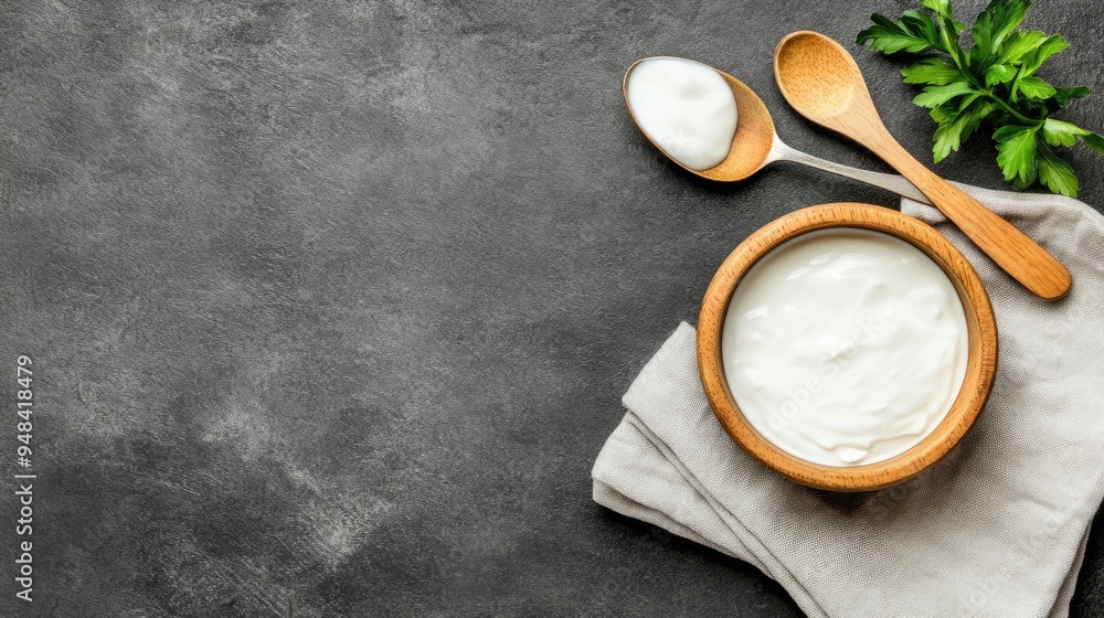 A wooden bowl holds creamy Greek yogurt with a spoon resting inside, placed on a cloth napkin. The rustic backdrop enhances the fresh and healthy feel of this delightful dish A wooden bowl holds creamy Greek yogurt with a spoon resting inside, placed on a cloth napkin. The rustic backdrop enhances the fresh and healthy feel of this delightful dish