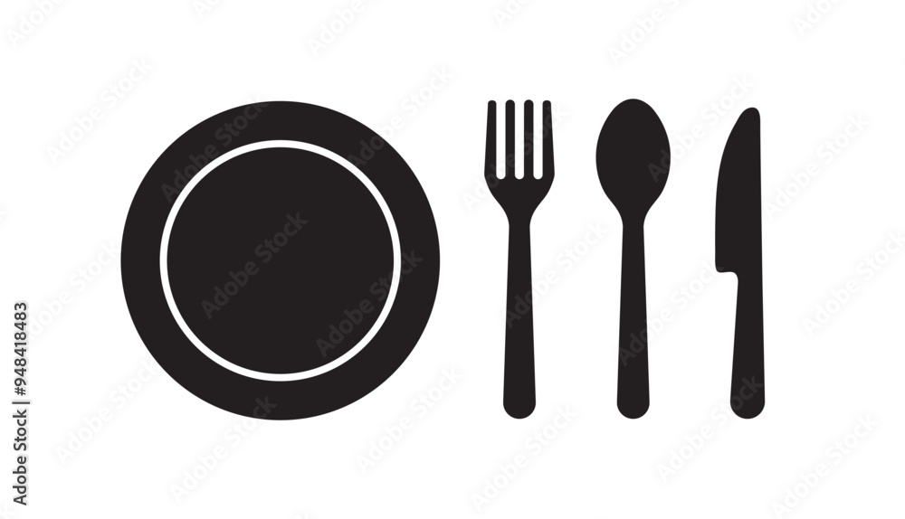 Fork and spoon, plate, knife icon. cutlery icon set. Menu symbol. Restaurant icon on white background. vector Illustration. Fork and spoon, plate, knife icon. cutlery icon set. Menu symbol. Restaurant icon on white background. vector Illustration.