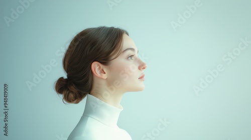 Side profile of a young woman with brown hair in a bun, wearing a white high-neck top, set against a soft blue-toned background.
