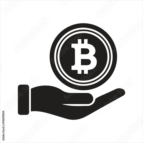 Bitcoin icon. Coin in hand. Cryptocurrency icon