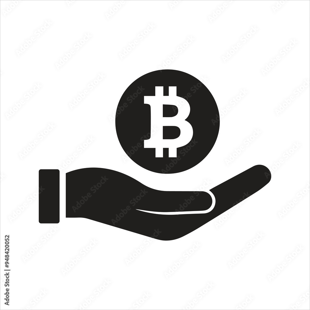 Bitcoin icon. Coin in hand. Cryptocurrency icon Bitcoin icon. Coin in hand. Cryptocurrency icon