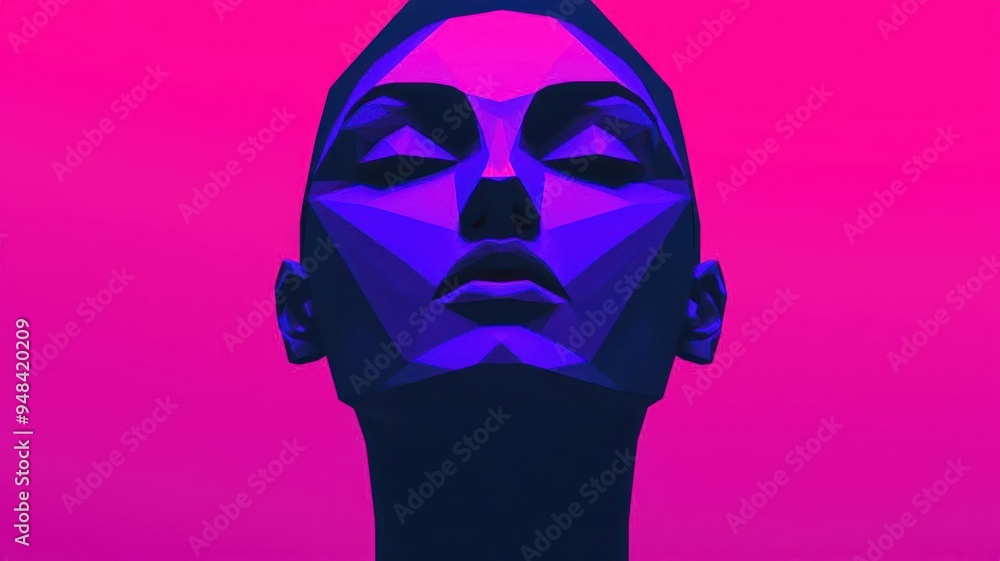 Geometric portrait in deep purples and blacks, evoking mystery and the unknown Geometric portrait in deep purples and blacks, evoking mystery and the unknown