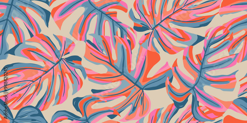 Abstract seamless tropical pattern with bright Monstera leaves on a light background, Hand drawn natural ornaments for textile, fabric, wallpaper, card, cover, poster, decoration.