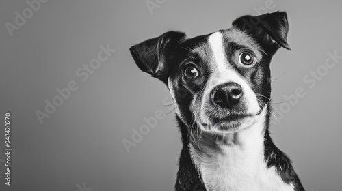 Studio headshot of a black-and-white dog tilting its head and looking forward against a light gray background.