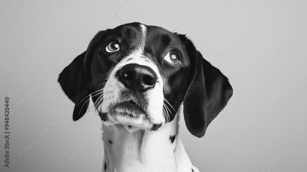 Studio headshot of a black-and-white dog tilting its head and looking forward against a light gray background. Studio headshot of a black-and-white dog tilting its head and looking forward against a light gray background.