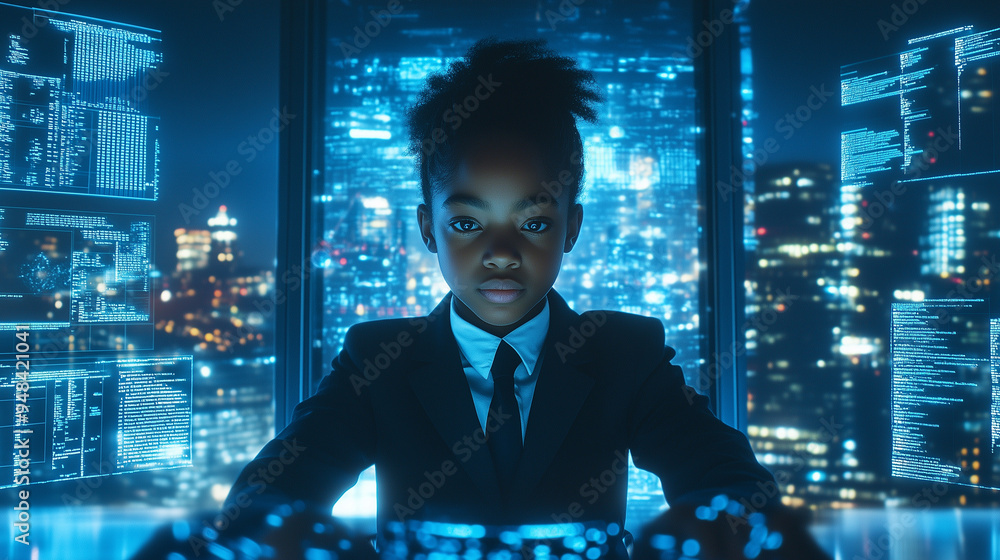 Fototapeta premium A young student excels in technology amidst a vibrant cityscape at night