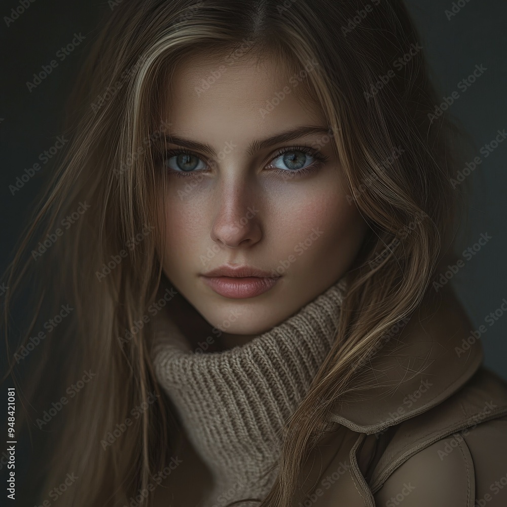 Young woman with blue eyes wearing a beige turtleneck sweater indoors Young woman with blue eyes wearing a beige turtleneck sweater indoors