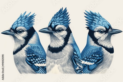 Vintage Engraving Style Illustration of Three Blue Jays | Nature Art for Print, Card, Poster photo