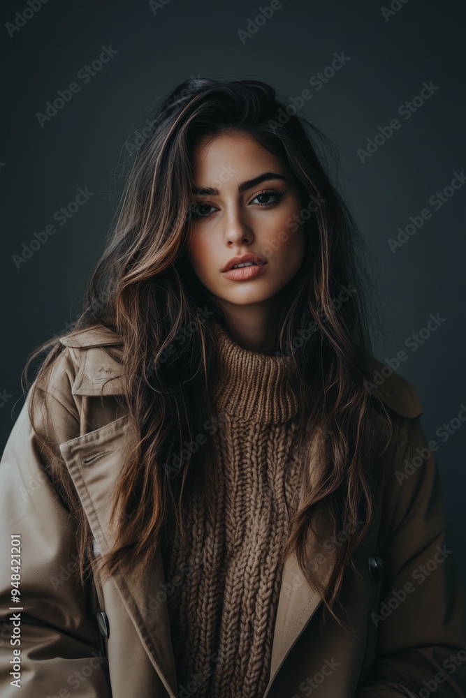 Young woman wearing a sweater and coat poses against a dark background Young woman wearing a sweater and coat poses against a dark background