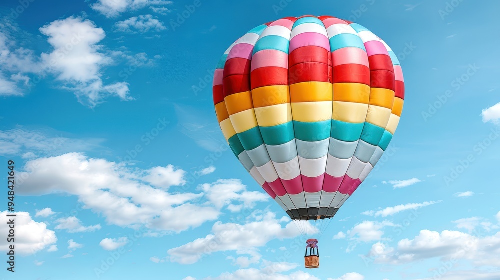 Naklejka premium Colorful hot air balloon floating in the blue sky with scattered clouds, representing freedom and adventure in a scenic view.