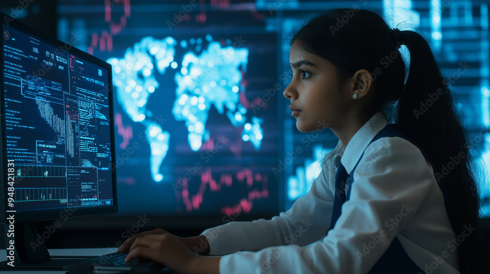 Focused Indian girl in school uniform explores digital charts at a computer desk Focused Indian girl in school uniform explores digital charts at a computer desk