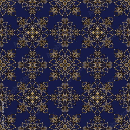 Vintage floral damask wallpaper pattern with ornate baroque design in seamless yellow gold texture