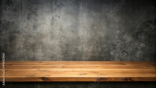 Wooden table with dark concrete background, perfect for industrial style or minimalist design