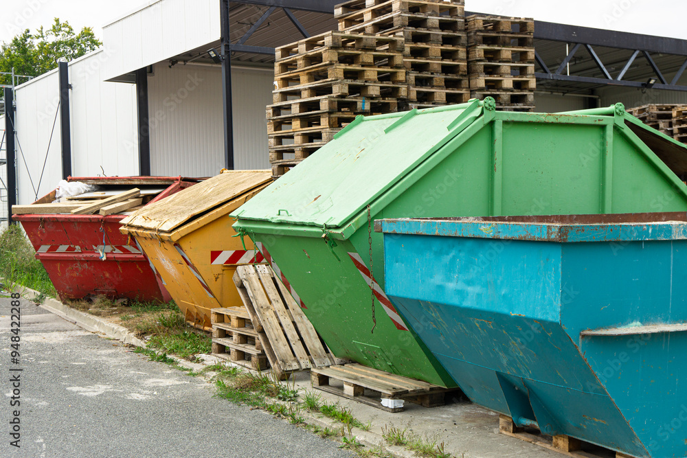 on the construction site there are various containers for the disposal of construction debris and wooden pallets on the construction site there are various containers for the disposal of construction debris and wooden pallets