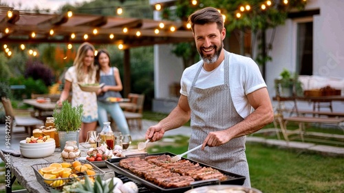 Man grilling meat at a backyard barbecue party with friends, surrounded by delicious food and warm lighting.