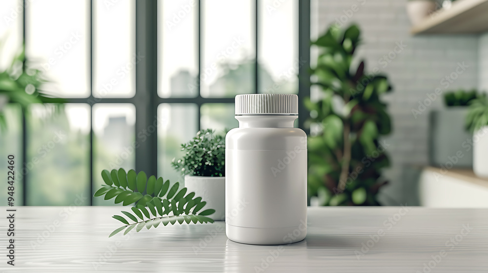 White pill bottle on a table with green plants in the background. White pill bottle on a table with green plants in the background.