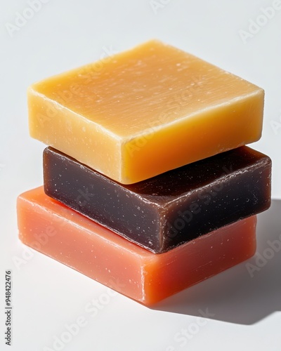 Aesthetically arranged colorful soap bars, showcasing natural ingredients and vibrant hues, perfect for skincare and beauty concepts.