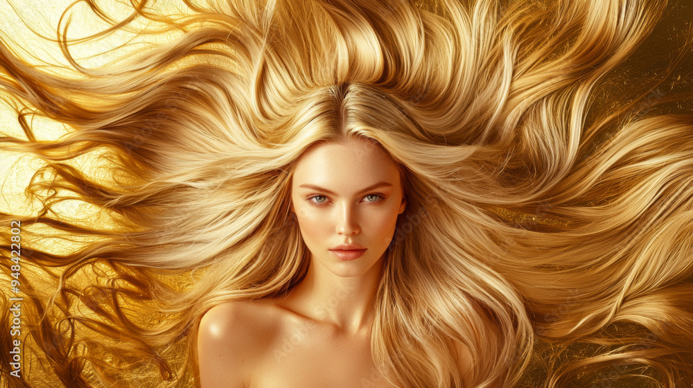 A woman with long blonde hair is shown in a gold background. Concept of beauty and elegance, as the woman's long hair is the main focus of the picture. The gold background adds a touch of luxury