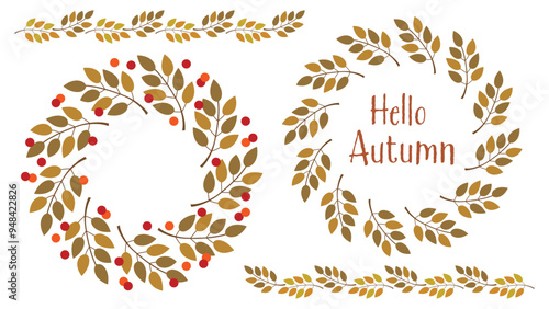 秋の葉っぱのサークルフレームとラインセット/オリーブ