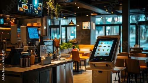 A modern self checkout station in a restaurant utilizing IoT Internet of Things technology to provide a seamless and efficient ordering and payment experience for customers