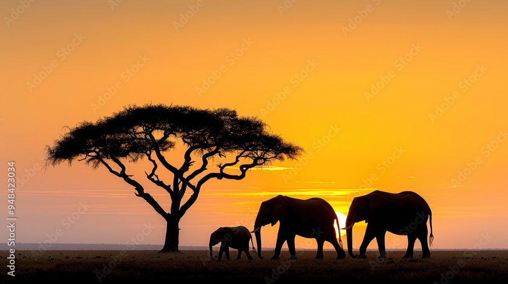 Fototapeta premium Three elephants walk under an acacia tree at sunset in the African savanna, creating a serene silhouette scene against a golden sky.
