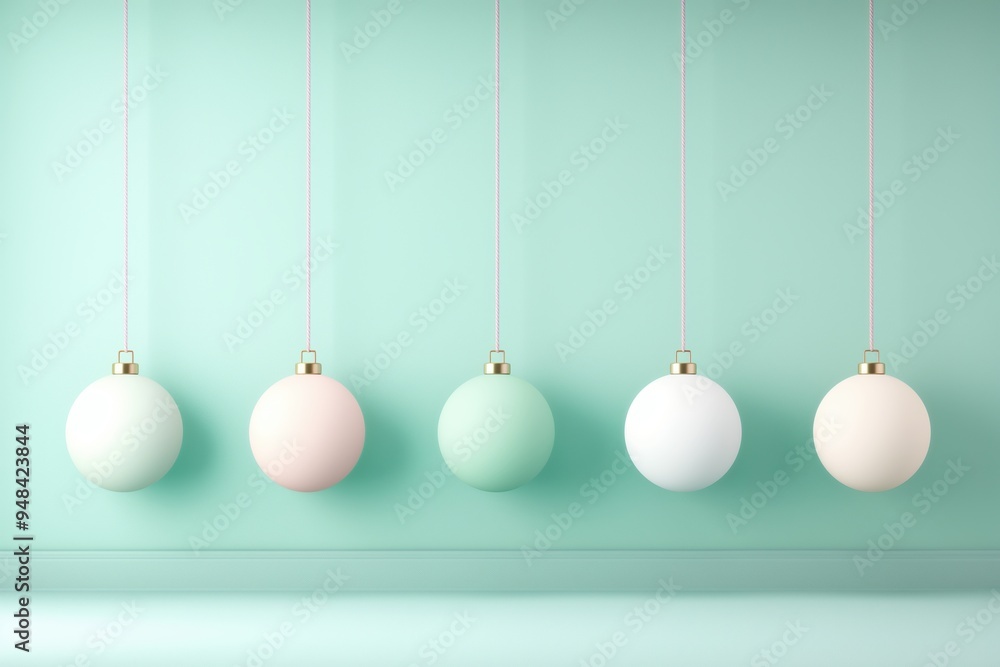 Pastel hanging Christmas ornaments in a row on teal background Pastel hanging Christmas ornaments in a row on teal background