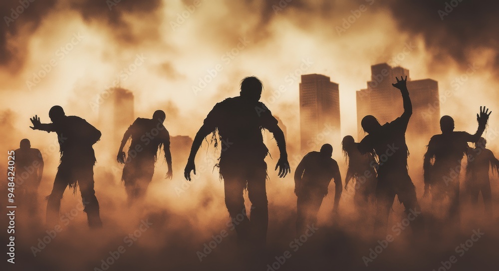 Silhouette of Zombie Horde in City Fog Silhouette of Zombie Horde in City Fog