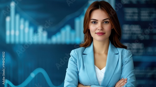 Confident businesswoman in blue suit standing with crossed arms in front of statistical data charts. Professional corporate success concept.