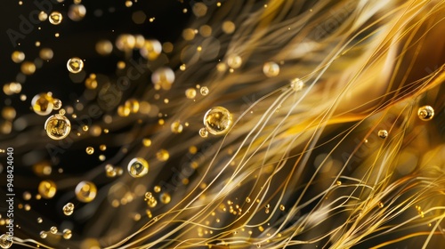 Abstract Representation of Hair Fibers Bonding, Showing Individual Molecules and Golden Oil Droplets, A Microscopic View of Hair Health and Repair