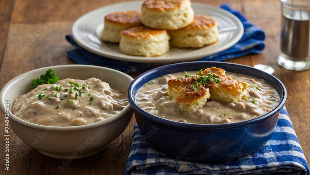 Warm biscuits topped with rich sausage gravy sit beside a small bowl of creamy soup, garnished with chives, on a rustic wooden table, creating a comforting meal perfect for breakfast. Warm biscuits topped with rich sausage gravy sit beside a small bowl of creamy soup, garnished with chives, on a rustic wooden table, creating a comforting meal perfect for breakfast.