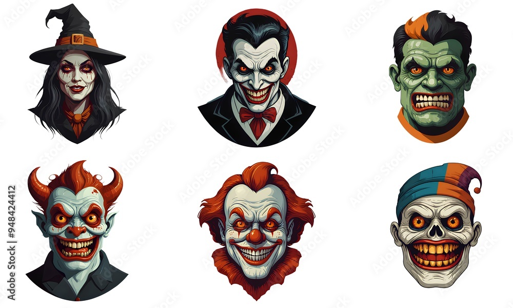 Set of cartoon horror devil, frankenstein, clown, witch, vampire, mummy character faces. vector illustration of evil devil, frankenstein, clown, witch, vampire, mummy smile scary circus monsters. Set of cartoon horror devil, frankenstein, clown, witch, vampire, mummy character faces. vector illustration of evil devil, frankenstein, clown, witch, vampire, mummy smile scary circus monsters.