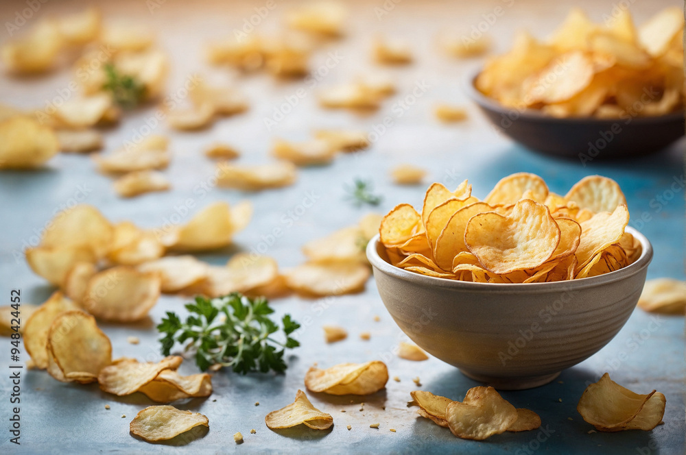 Bowls of crispy potato chips are elegantly arranged on a rustic table, with scattered chips around. The warm ambiance highlights the perfect snack for gatherings or movie nights. Bowls of crispy potato chips are elegantly arranged on a rustic table, with scattered chips around. The warm ambiance highlights the perfect snack for gatherings or movie nights.