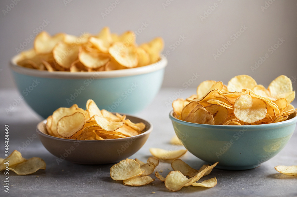 Bowls of crispy potato chips are elegantly arranged on a rustic table, with scattered chips around. The warm ambiance highlights the perfect snack for gatherings or movie nights. Bowls of crispy potato chips are elegantly arranged on a rustic table, with scattered chips around. The warm ambiance highlights the perfect snack for gatherings or movie nights.