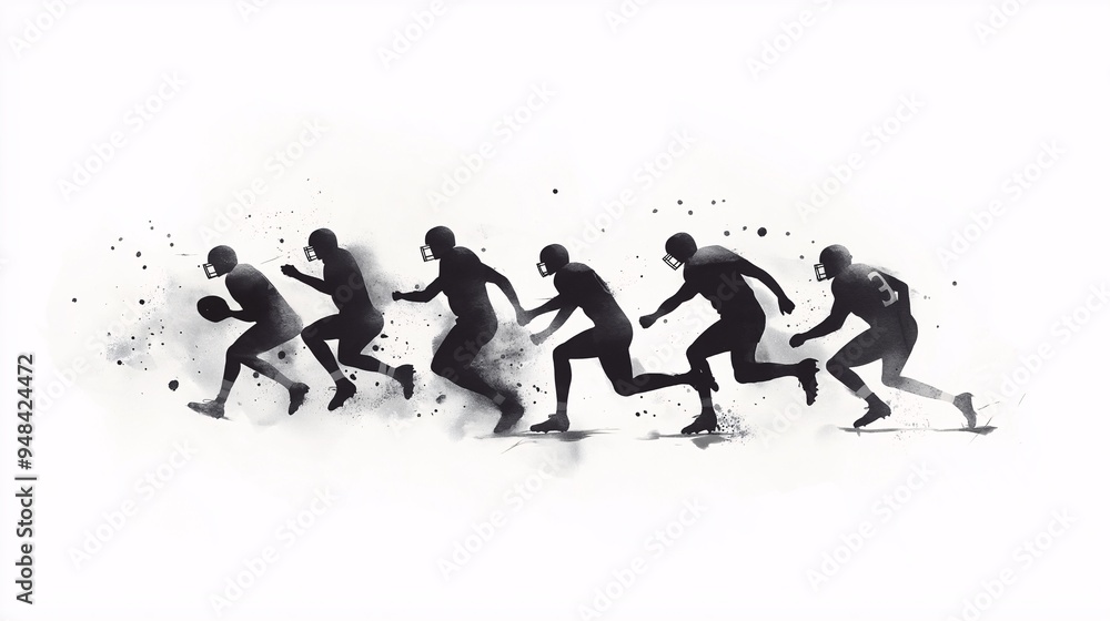 Silhouettes of Athletes: A dynamic sequence of six silhouettes depicting athletes in motion, capturing the essence of athleticism and speed. The stark black figures against a white background Silhouettes of Athletes: A dynamic sequence of six silhouettes depicting athletes in motion, capturing the essence of athleticism and speed. The stark black figures against a white background
