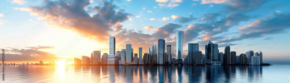 Fototapeta premium Stunning cityscape with skyscrapers reflecting in the water at sunrise, showcasing modern architecture under a beautiful sky with clouds.