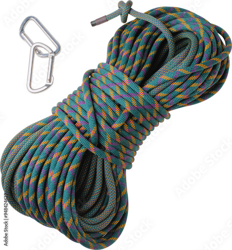climbing rope on the white background, climbing equipment, carabiners and rope , Vibrant Climbing Rope Coils