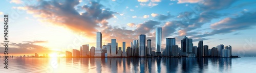 Stunning cityscape with skyscrapers reflecting in the water at sunrise, showcasing modern architecture under a beautiful sky with clouds.