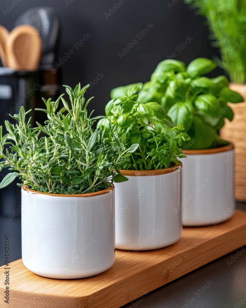 Fresh herbs in white pots enhance any kitchen decor, ideal for cooking or gardening enthusiasts looking for vibrant greenery. Fresh herbs in white pots enhance any kitchen decor, ideal for cooking or gardening enthusiasts looking for vibrant greenery.