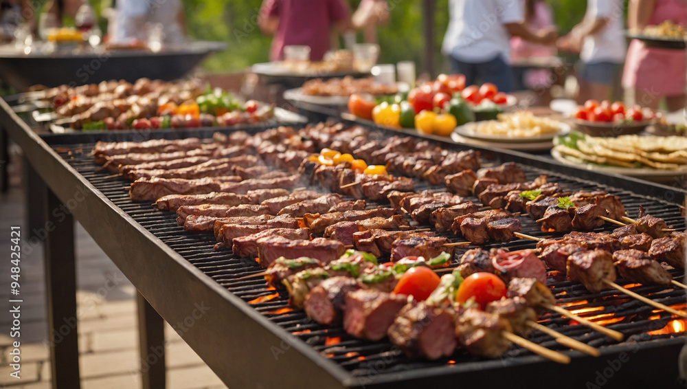 Skewers of marinated meat and colorful vegetables sizzle on a grill during a lively summer gathering with friends and family. The aroma fills the air alongside laughter and conversation. Skewers of marinated meat and colorful vegetables sizzle on a grill during a lively summer gathering with friends and family. The aroma fills the air alongside laughter and conversation.