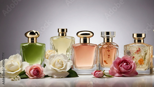 A collection of five beautifully designed perfume bottles is arranged carefully on a table. Surrounding them are fresh roses, adding a touch of elegance and fragrance to the delightful setup.