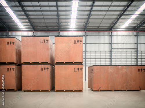 Project cargo in big wooden boxes stored in the warehouse. photo