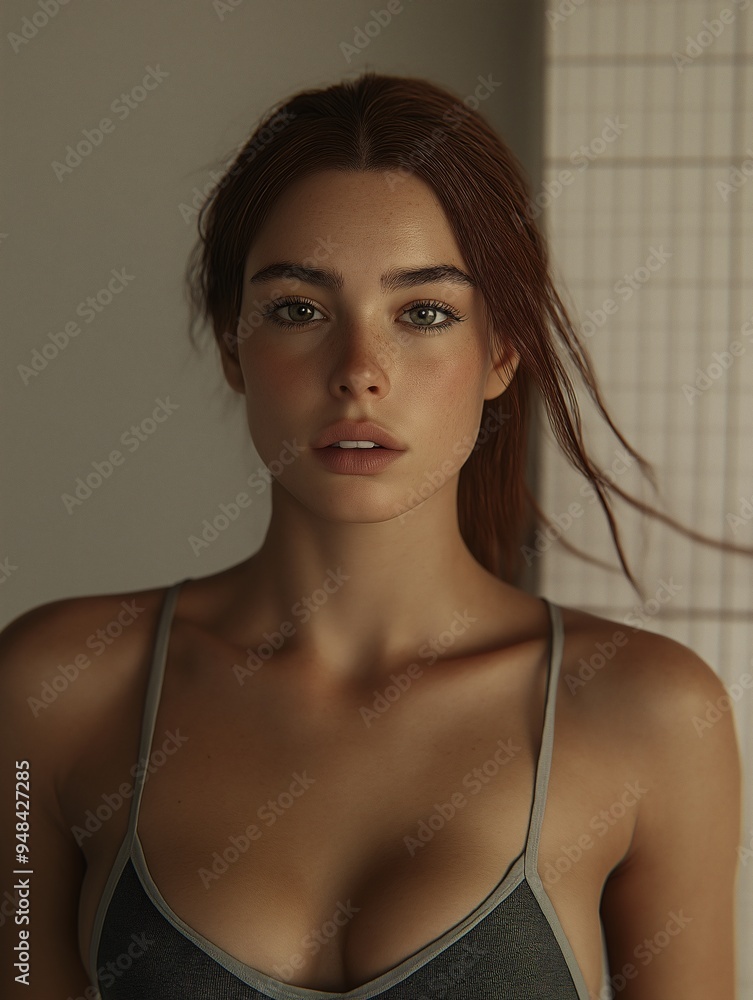 Captivating Gaze: A woman with auburn hair and captivating green eyes gazes directly at the camera, her natural beauty accentuated by soft, warm lighting. Captivating Gaze: A woman with auburn hair and captivating green eyes gazes directly at the camera, her natural beauty accentuated by soft, warm lighting.