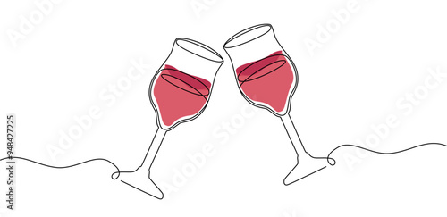 Continuous one line drawing of two glasses of red wine. Toast and cheers with splash in simple linear style. Alcohol and cocktail drink menu in editable stroke. Doodle outline vector illustration