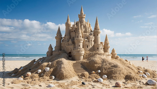 A grand sand castle adorned with towers and arches rises from the sandy shore, glistening under the bright sun