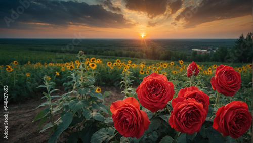 Bright red roses bloom in front of a golden field of sunflowers as the sun sets over a lush green landscape, painting the sky with hues of orange and purple.