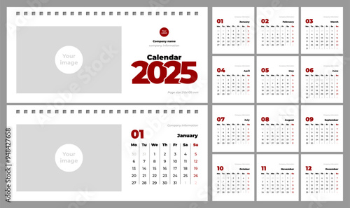 Calendar 2025. Desktop calendar template. Free space for logo and image. Horizontal, page size 210x100mm, English