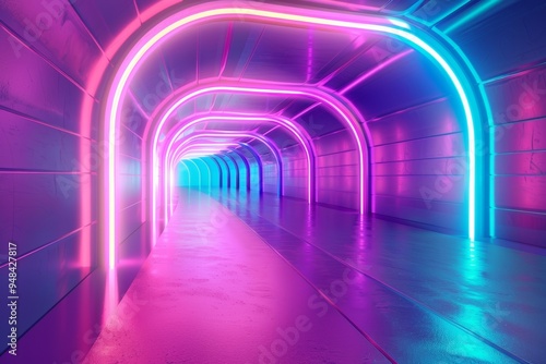 Futuristic Neon Tunnel with Vibrant Pink and Blue Lights, Retro-Futuristic Y2K Aesthetic