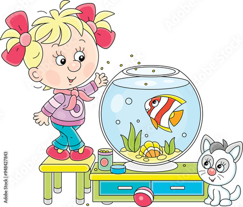 Friendly smiling little girl with her cute small kitten feeding a funny striped aquarium butterfly fish in a nursery room, vector cartoon illustration on a white background