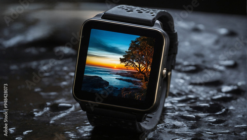 The smartwatch showcases a picturesque sunset over the water, featuring vibrant colors and a silhouette of trees. It rests on a dark, reflective surface, enhancing the tranquil atmosphere.