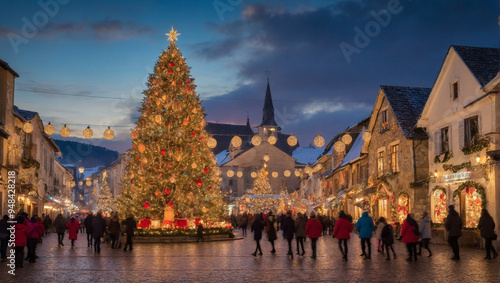 A lively crowd fills the town square, enjoying the holiday spirit as they stroll around a beautifully adorned Christmas tree, surrounded by quaint buildings and twinkling lights as dusk falls.